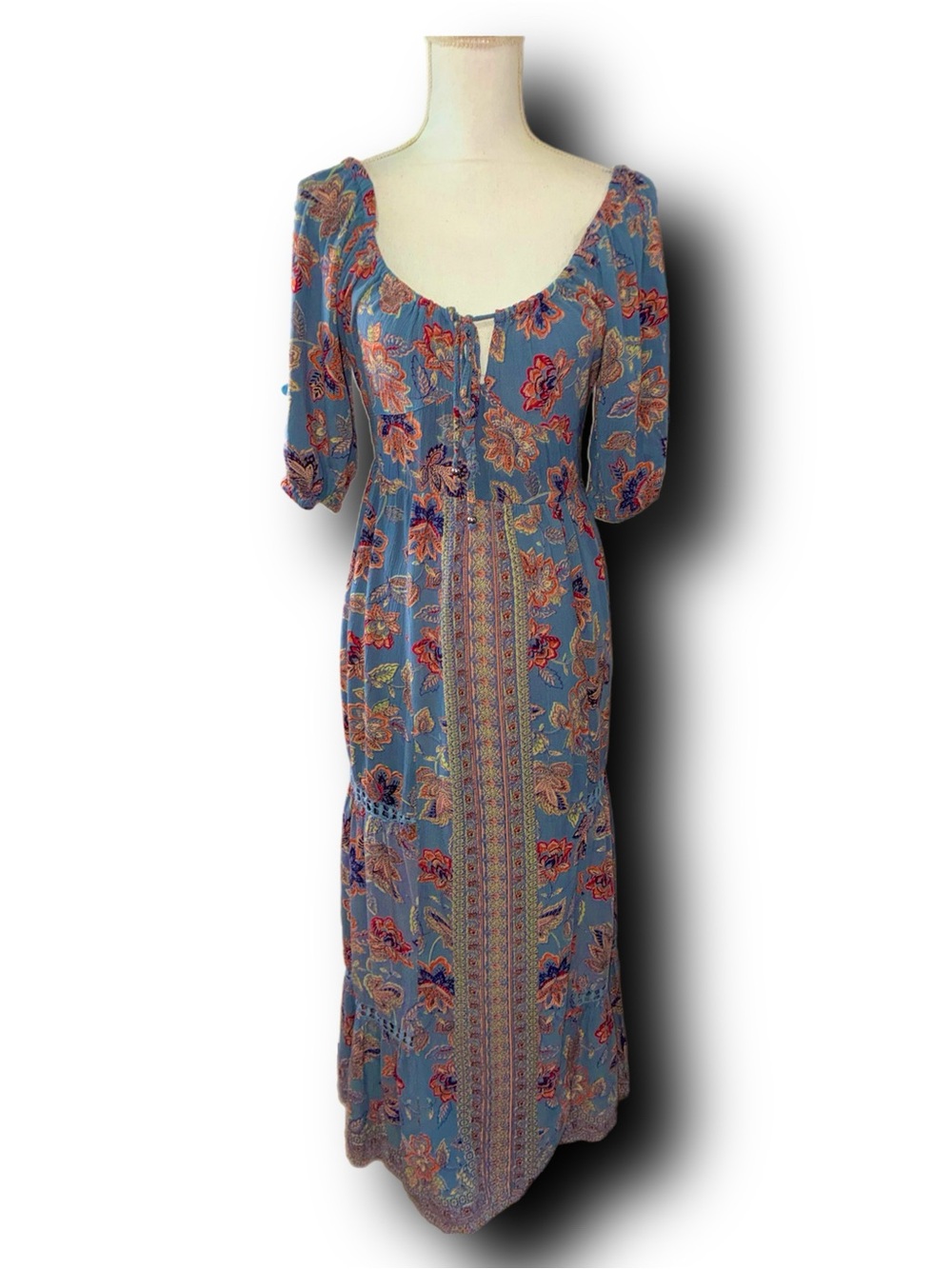 Angie Blue Floral Boho Print Maxi Dress with Lace Detailing Practical Magic Vibe